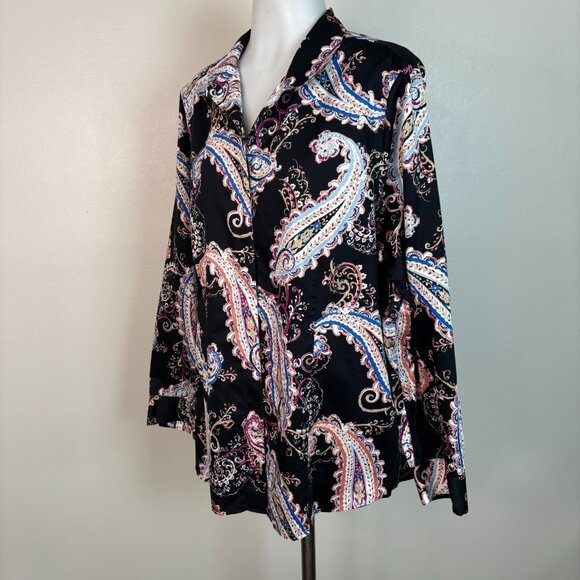Chico's Shirt 3 Women's XL Black Paisley Button-Front Top Long Sleeves Cotton - Picture 3 of 11